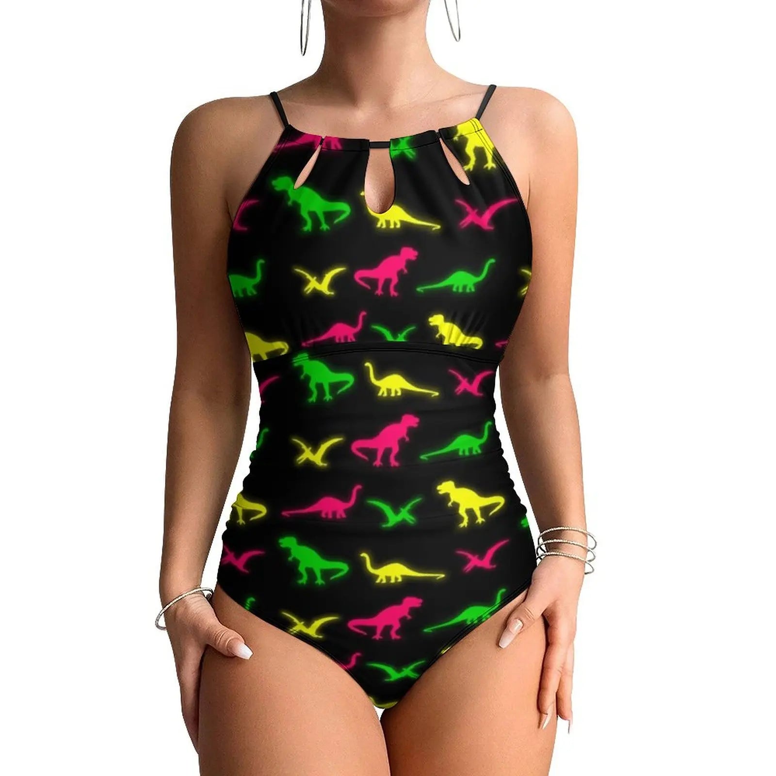 Halter One-Piece Swimsuit With Botanical Dinosaurs Print — Pastel Green | KIMLUD