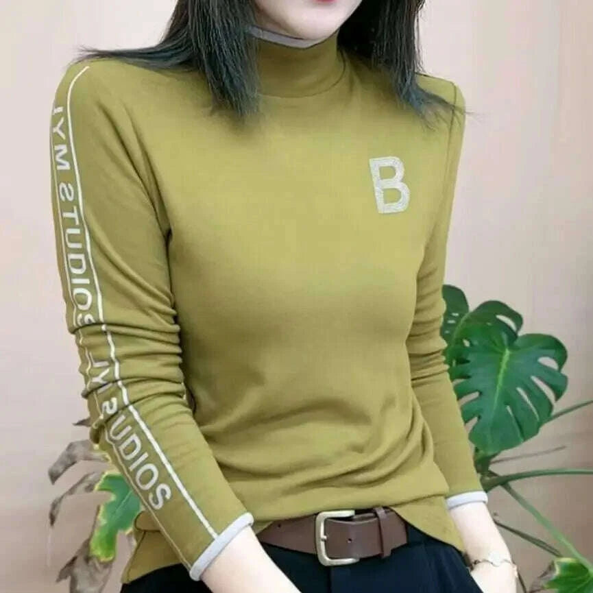 KIMLUD, Women Winter Half High Neck Pullover Derong Bottom Shirt Fashion Design Hot Drills Letter Fleece Warm Versatile Long Sleeve Tops, KIMLUD Womens Clothes