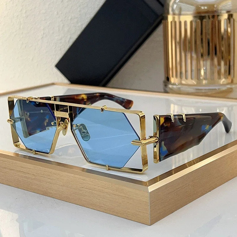 Half Frame Polygon Gradient Sunglasses — Gold Tone | KIMLUD