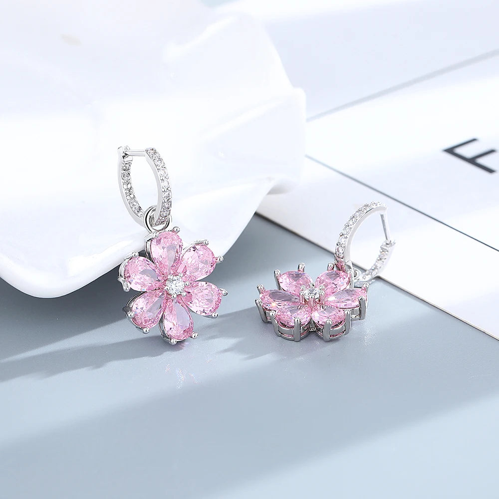 Sterling Silver Flower Zircon Drop Earrings — Pink | KIMLUD