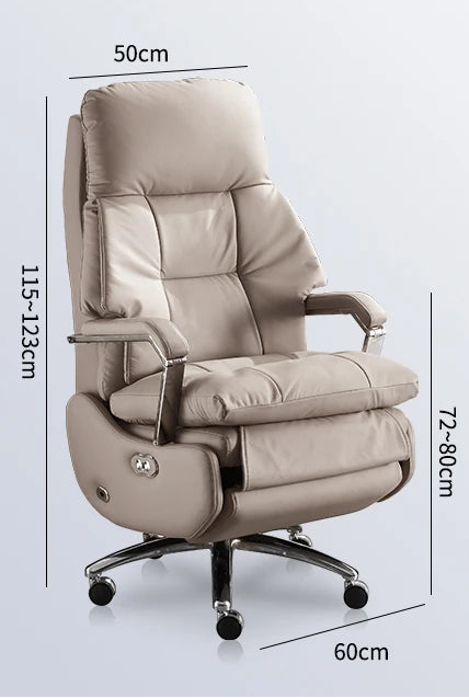 Beige office chair with features and specifications on a white background