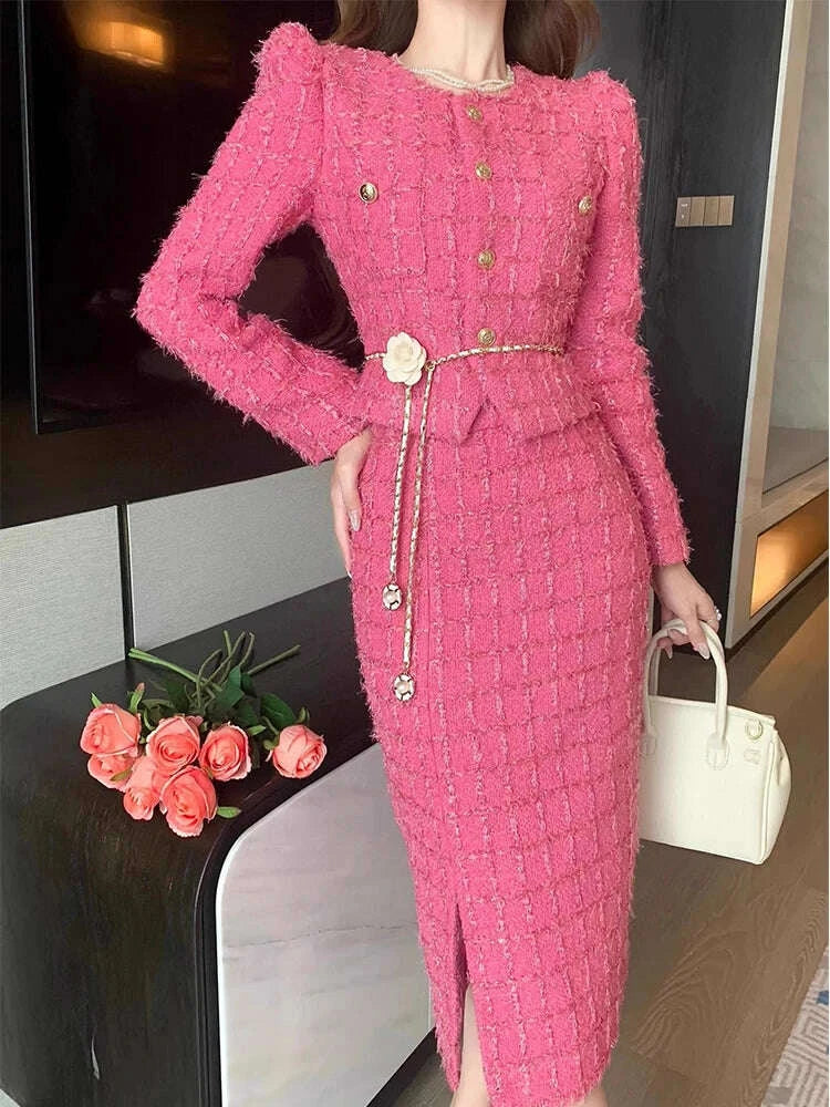 KIMLUD, Autumn Fashion Rose Red Woolen Two Piece Set Women Golden Button Chain Belt Tweed Short Jacket Coat+Split Midi Skirt Suit, KIMLUD Womens Clothes