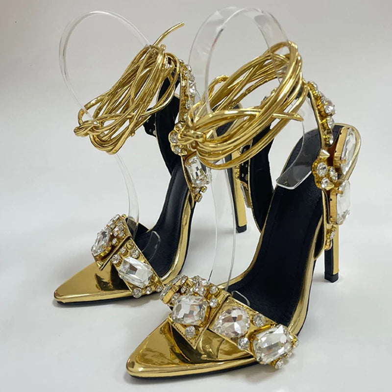 Crystal Diamond Ankle Strap Sandals Embellished — Gold | KIMLUD