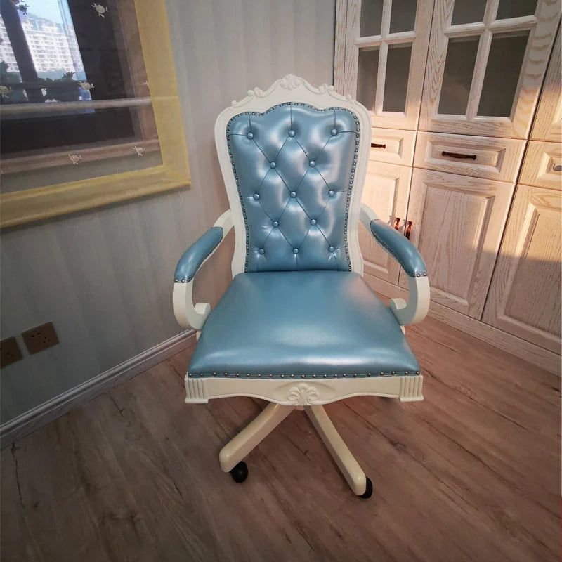 12American Genuine Leather Retro Carved Solid Wood Swivel Chair Office Chair Lift