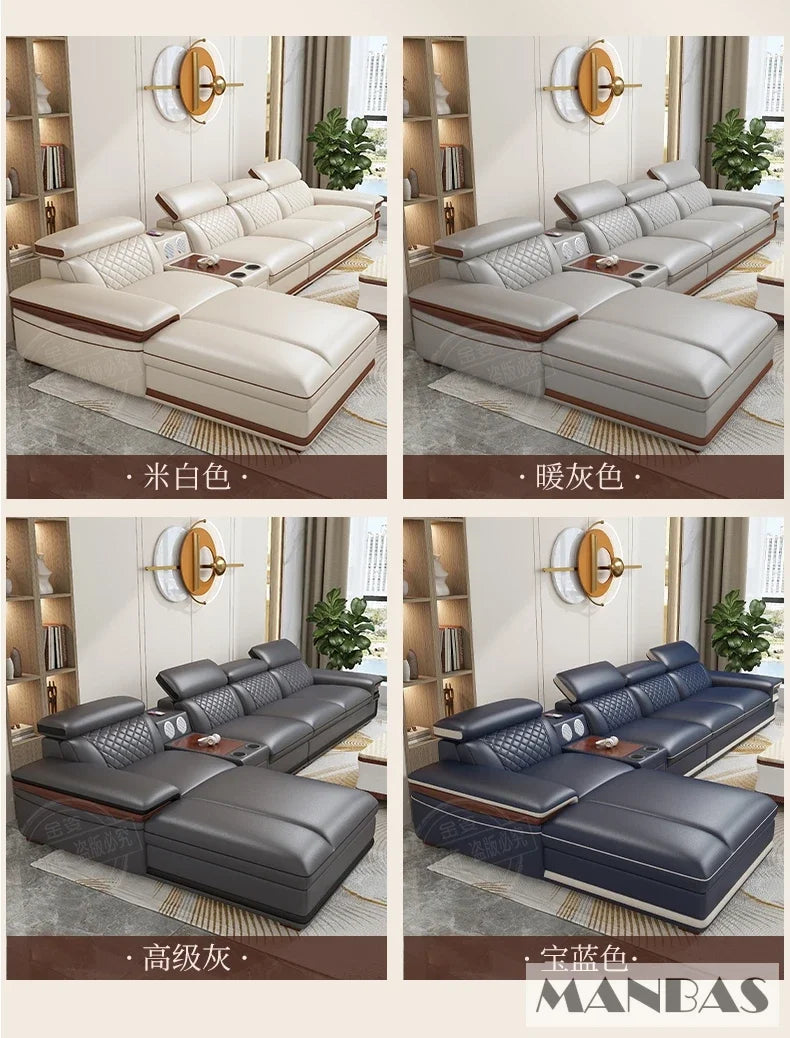 Genuine Italian Leather Sofa Set With Adjustable Headrests — Ivory | KIMLUD