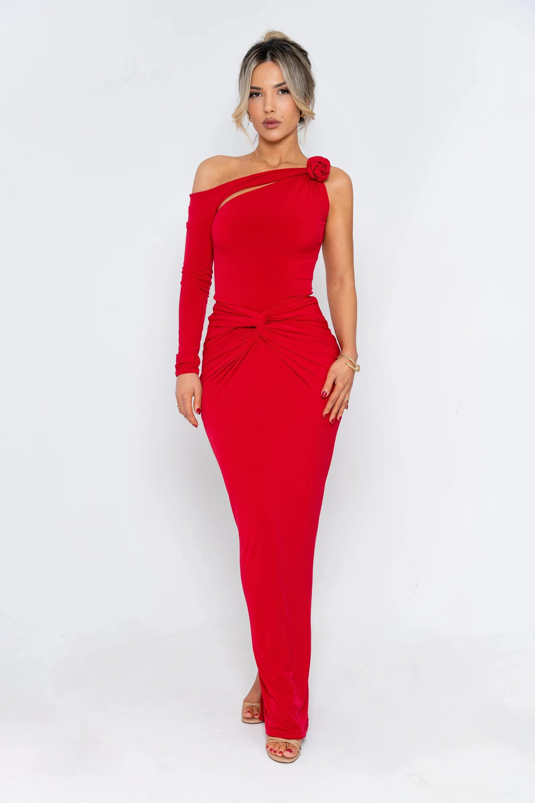 Bodycon Hollow-Out Dress Single-Sleeve — Red | KIMLUD
