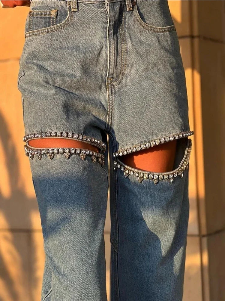 Chic Women Hollowed Out Diamonds Beaded Holes Jeans Rhinestones Straight Denim Pants Crystals Cowboy Trousers Loose Pantalones