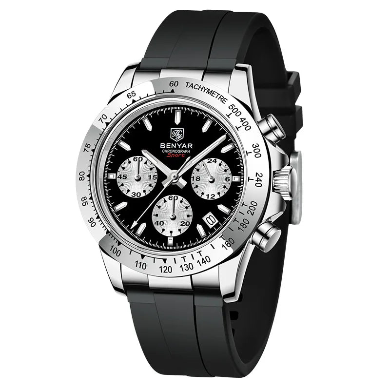 BENYAR New Casual Mens Quartz Watches Steel Bezel Silicone Strap Waterproof Multifunctional Luminous Wristwatch For Man