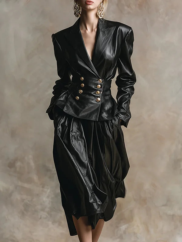 Model Urban Elegance Faux Leather Jackets for Women 2025 Winter V-neck Double-breasted Womme's Vintage Black Pu Leather Outwear