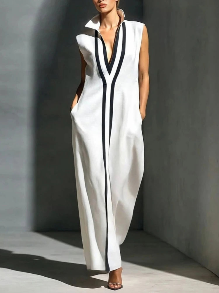 Fashion Colourblock Maxi Dress Women Casual Deep V-neck Sleeveless Loose Dresses 2026 Summer Elegant Party Street Vestidos