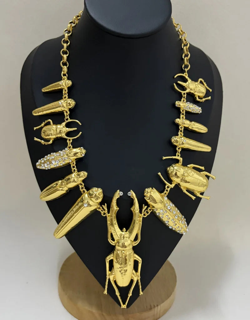 Gold-Plated Metal Alloy Chunky Necklace Multi Bug Charms — Gold | KIMLUD