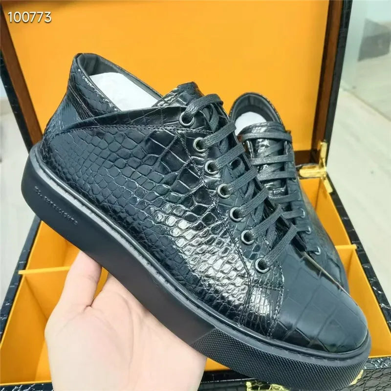 Authentic Exotic Crocodile Skin All-match Men's Black High Top Board Shoes Genuine Alligator Leather Male Lace-up Walking Flats