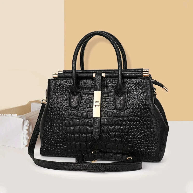 KIMLUD, Aidrani Genuine leather women's handbag, large capacity crocodile patterned cowhide bag, black, KIMLUD Womens Clothes
