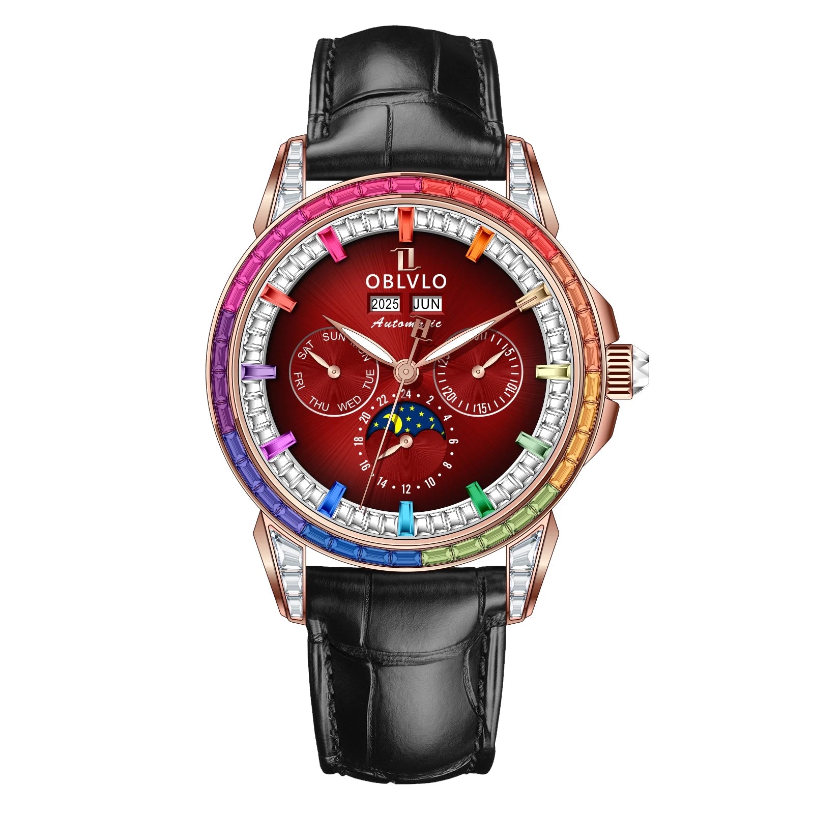 Moonphase Automatic Leather Strap Watch Complete Calendar — Red | KIMLUD