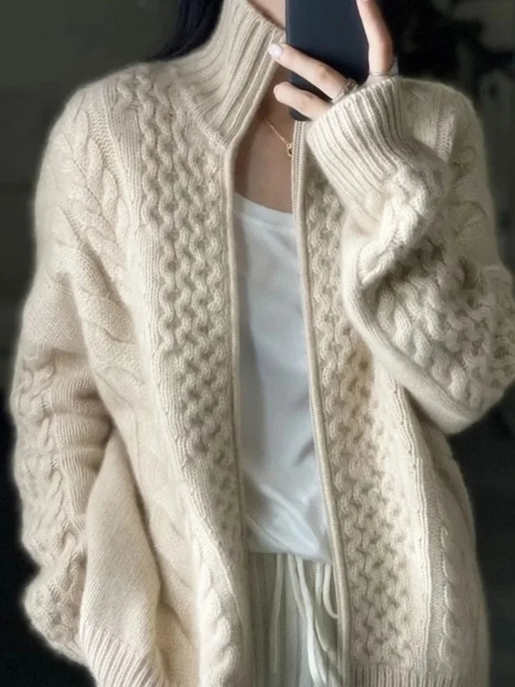 Autumn And Winter New Thick Turtleneck Knitted Cardigan Women's Loose Wool Sweater Cardigan Larg Size Female Jacket Top