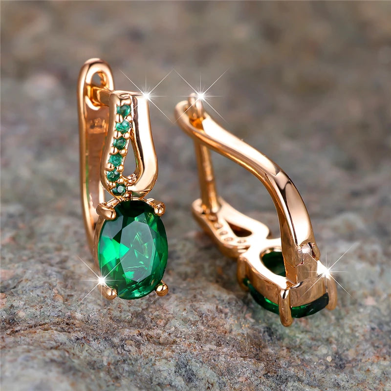 Zircon Stone Oval Hoop Earrings Small Ear Buckle — Green | KIMLUD