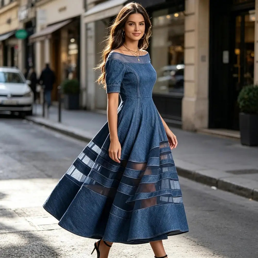Polyester Patchwork Mesh Off Shoulder Dress — Blue | KIMLUD