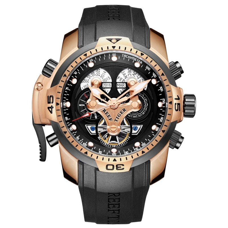 Reef Tiger Men's 46mm Automatic Mechanical Watch with Luminous Hands/Markers, Sapphire Crystal, and Year/Month/Day/Date Display