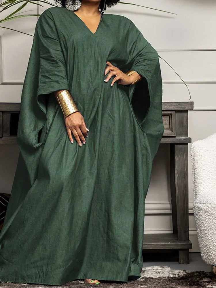 Polyester Solid Plus Size Kaftan Dress — Green | KIMLUD