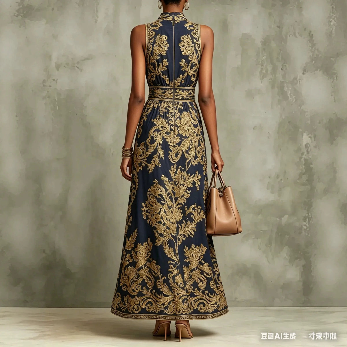 Maxi Dress – Baroque Print Halter Neck – Polyester A-Line | KIMLUD
