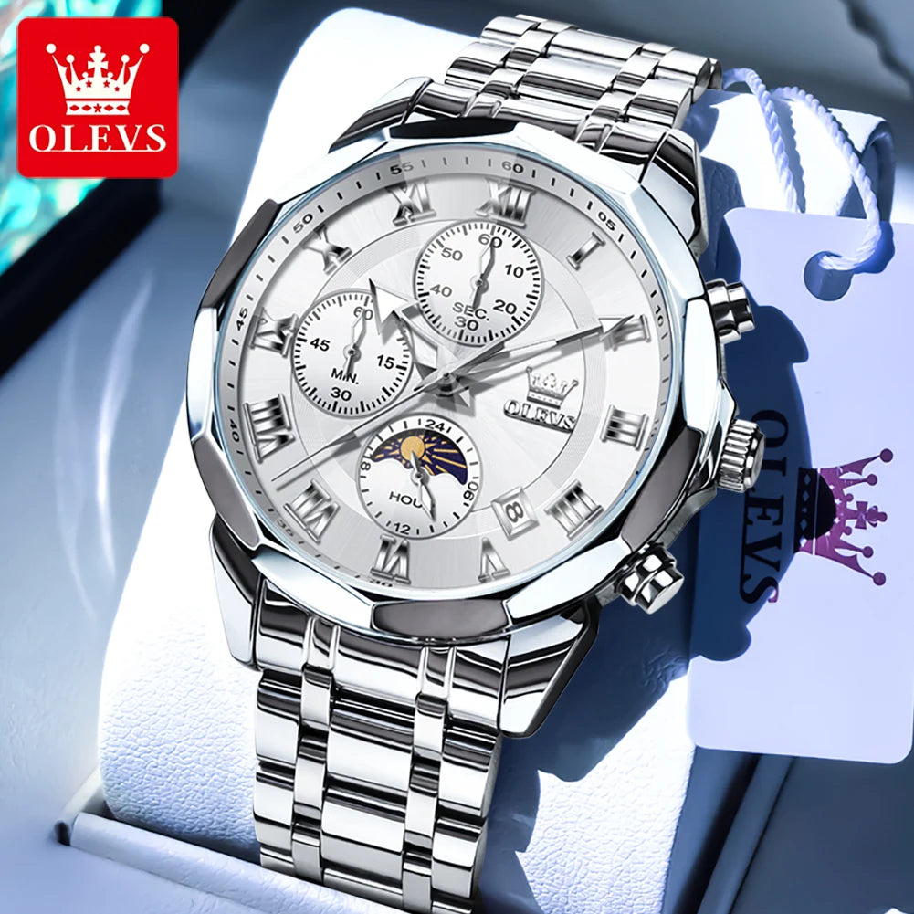 OLEVS 3675 Mens Watch Original Business Brand Quartz Watch Multifunctional Chronograph Waterproof Moon Phase Watch For Man New
