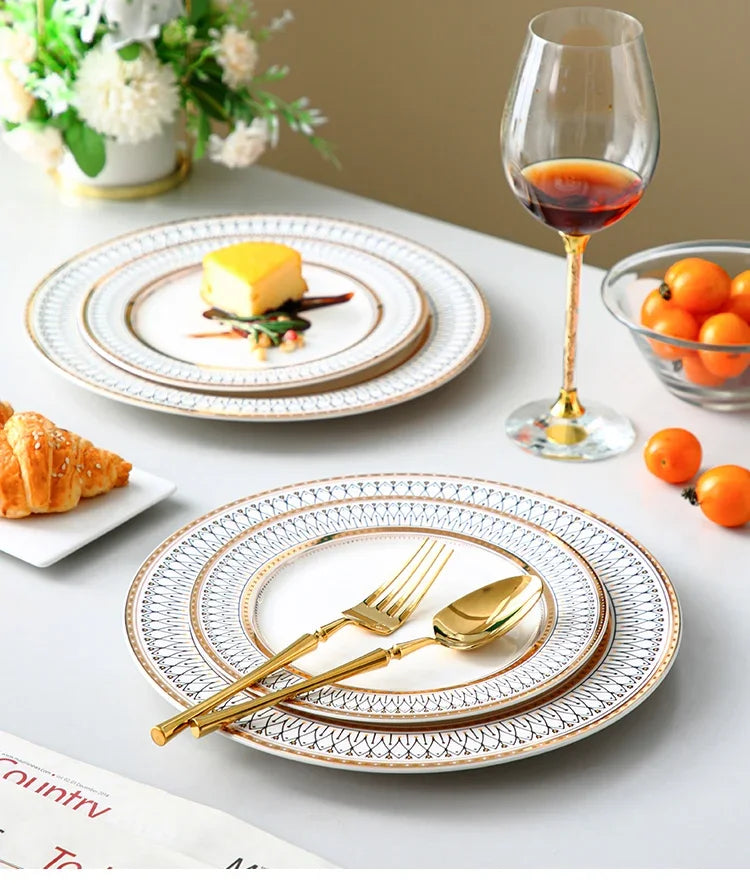 Ceramic European Style Dessert Plate With Gold Rim And Subtle Depth — White | KIMLUD