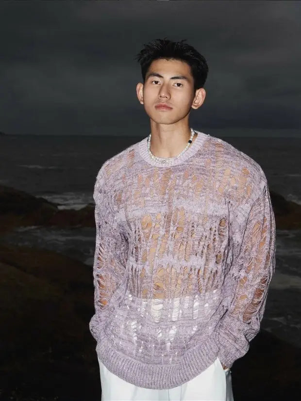 Mesh Knit Tee See-Through Crew-Neck — Black | KIMLUD