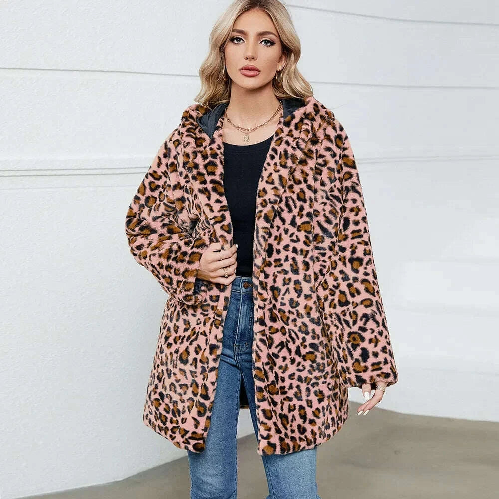 KIMLUD, ZXRYXGS 2025 New Fashion Autumn Winter Coats Loose Medium Length Jackets Leopard Print Imitation Fur Coat Women's Clothing Tide, KIMLUD Womens Clothes