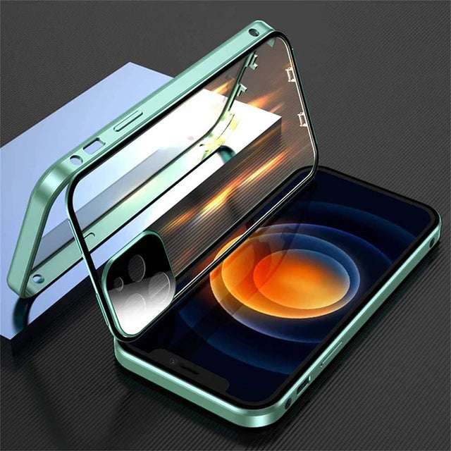 360 Full Protection Metal Magnetic Double Sided Glass Snap Lock Case For iPhone 17 16 15 14 12 13 Pro Max Lens Protection Cover