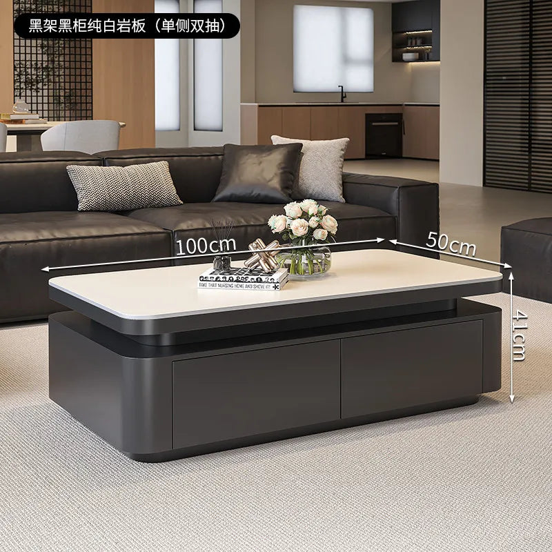 Minimalist Rock Slab Storage Coffee Table — Deep Graphite Black | KIMLUD