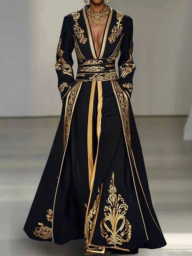 Retro Patchwork Printing Fashion Maxi Dress, Women Autumn Long Sleeve Chic  Party Dress, 2025 V Neck Vintage Loose Ladies Dresses