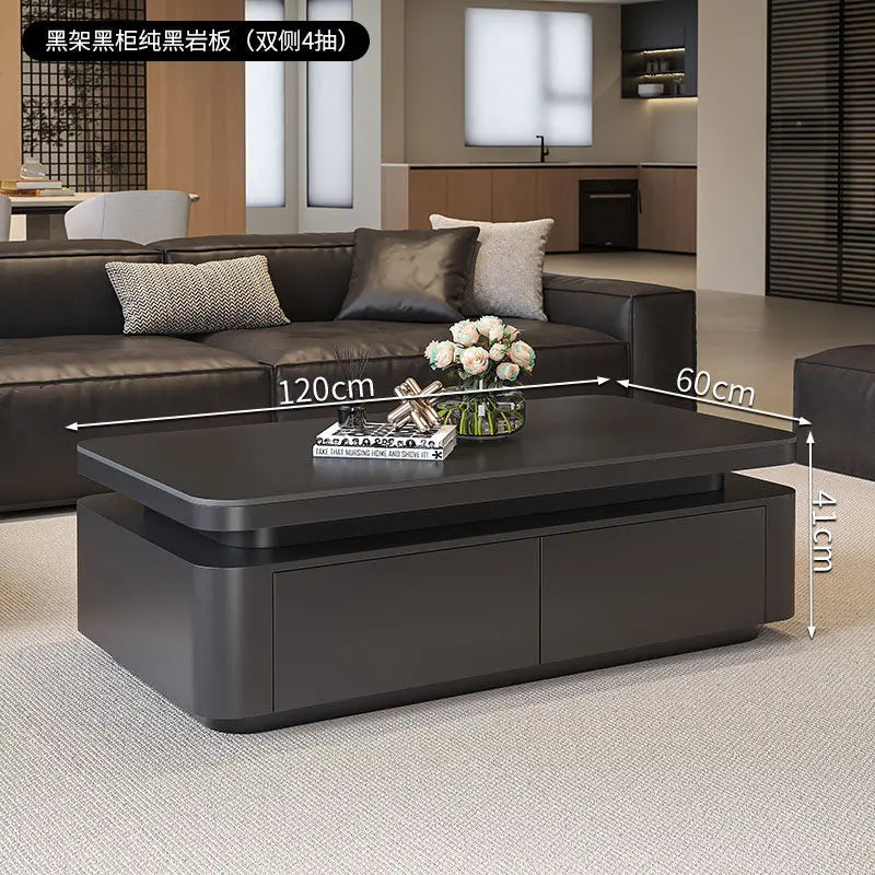 Minimalist Rock Slab Storage Coffee Table — Deep Graphite Black | KIMLUD
