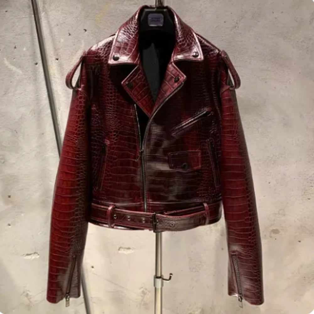 Crocdile Leather Bomber Ladies Real Sheepskin Coat Genuine Sheep Leather Biker Jacket 20325
