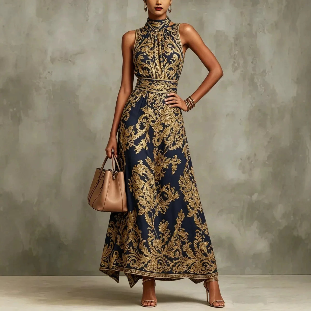 Maxi Dress – Baroque Print Halter Neck – Polyester A-Line | KIMLUD