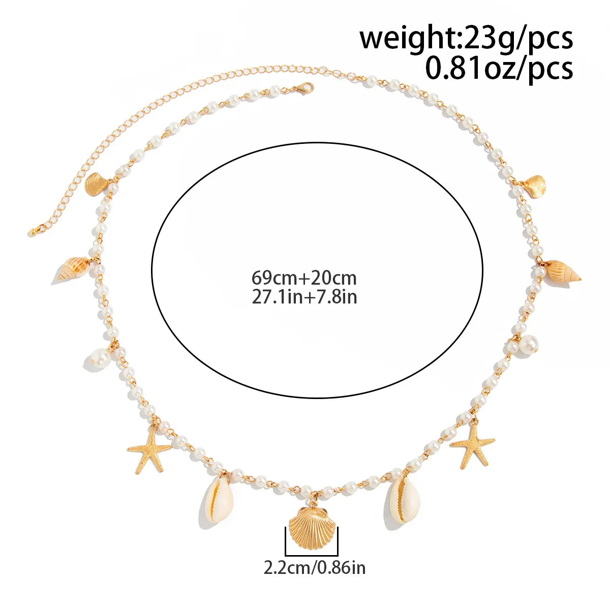 Gold-Tone Waist Chain With Pearl Beads And Starfish Pendant And Seashell Charms — Gold | KIMLUD