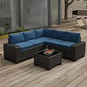 Wicker Patio Set 6-Piece With Wide Armrests — Navy | KIMLUD