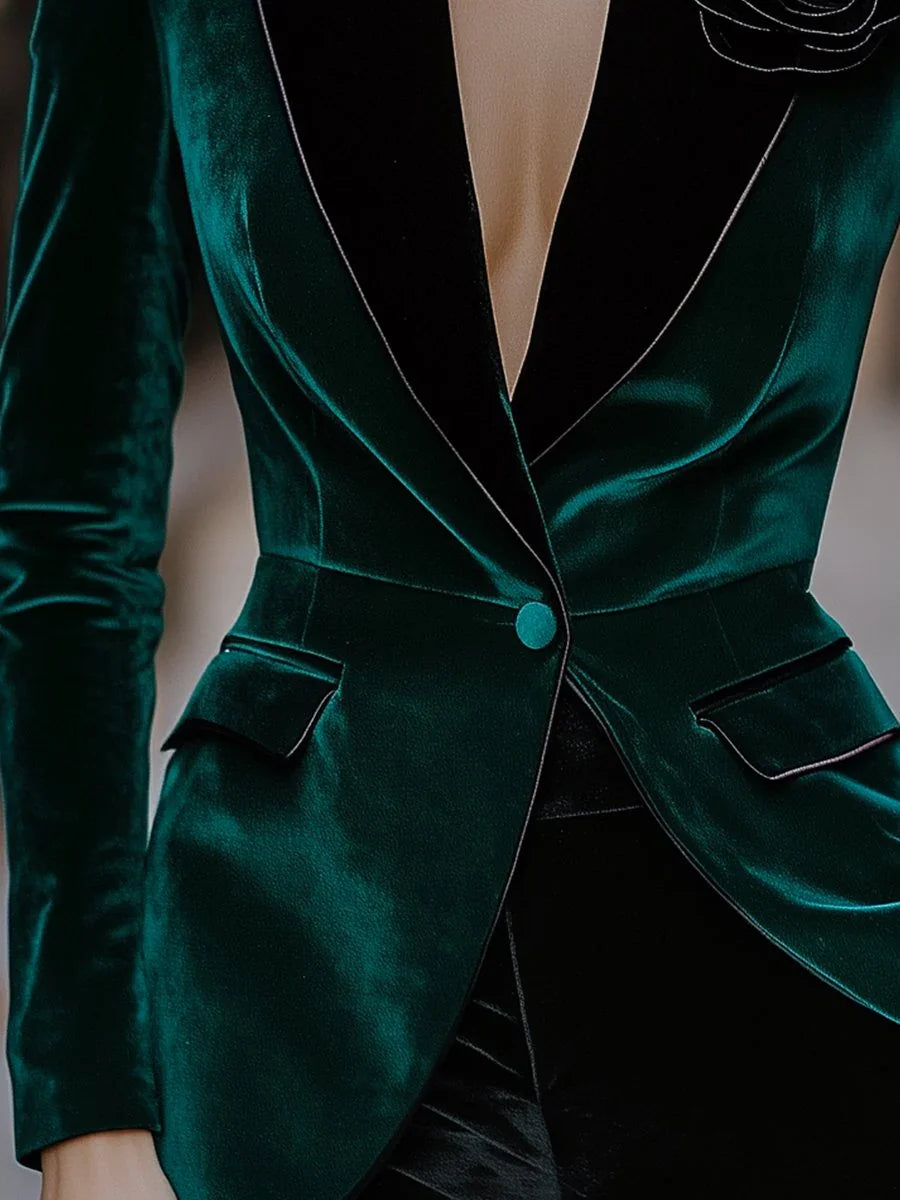 Blazer – 3D Rose Flower Appliques – Velvet – Green | KIMLUD