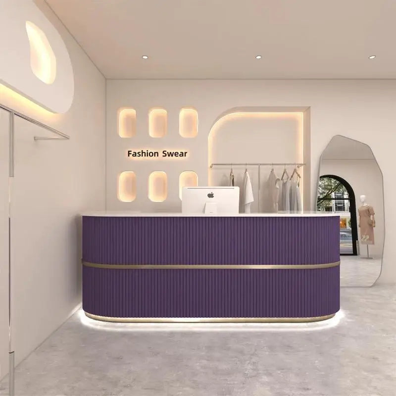 Curved Wood Reception Desk Modern Office — Walnut | KIMLUD