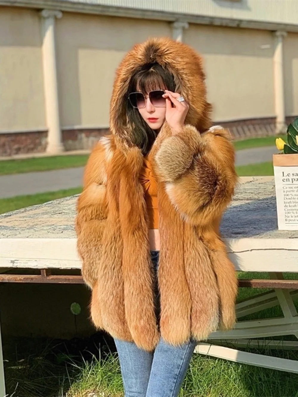 KIMLUD, Real Red Fox Fur Jacket With Hood Women Plus Size Long Sleeves Winter Luxury Female Hooded Fox Fur Coat With Collar, With Hood / S, KIMLUD APPAREL - Womens Clothes