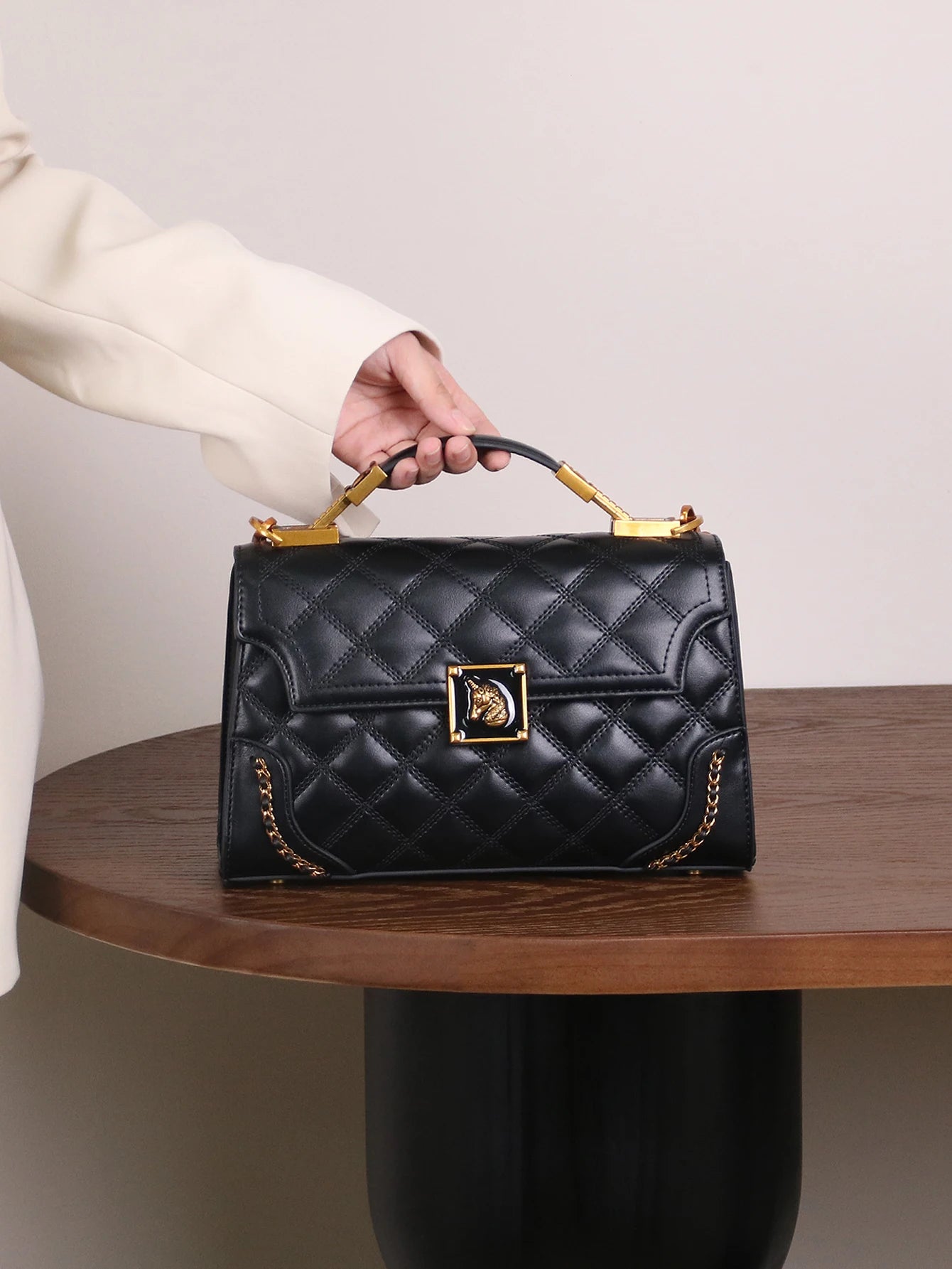 Structured Leather Rhombic Handbag — Black | KIMLUD
