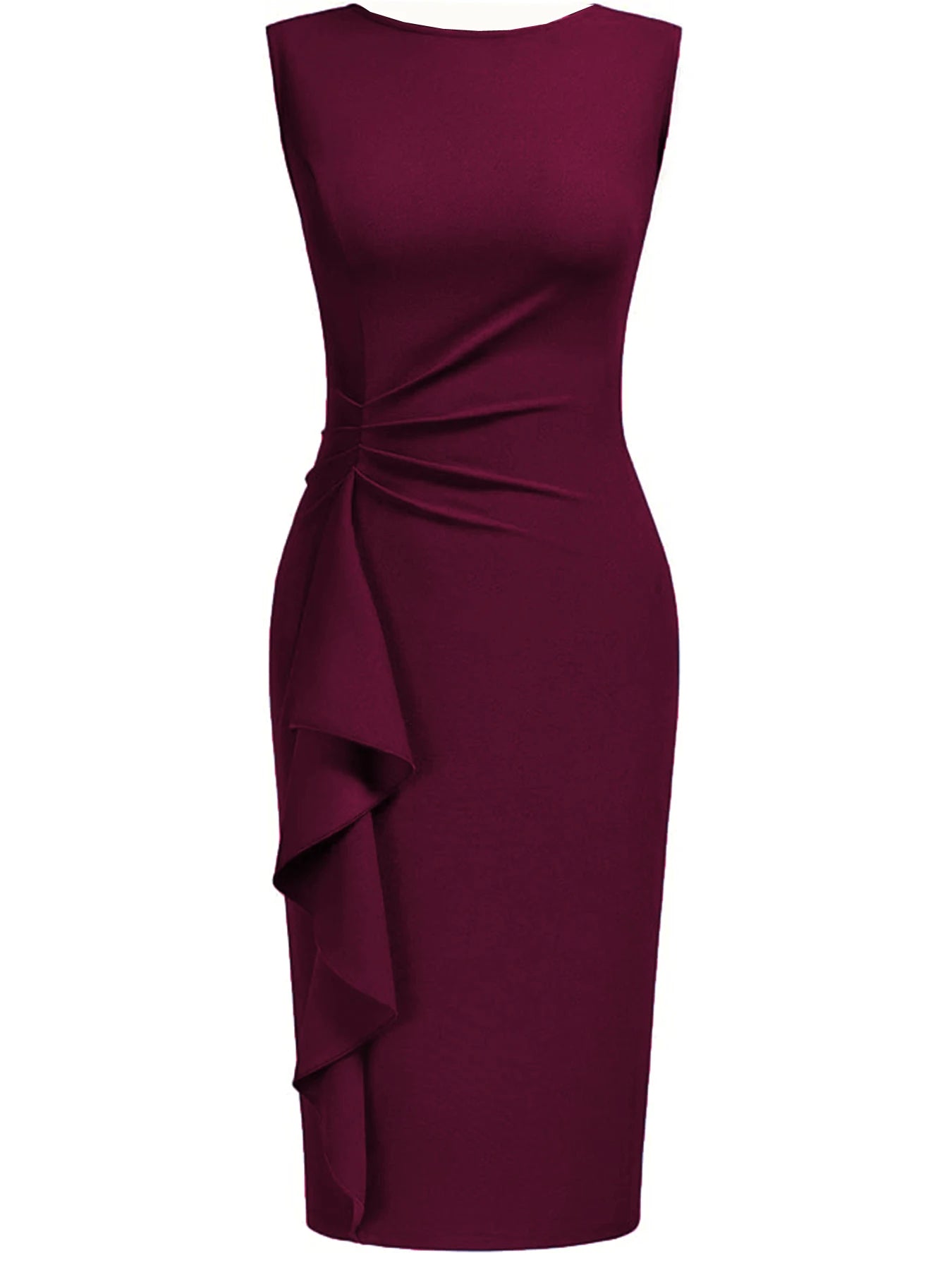 Women Elegant Crew Neck Sleeveless Retro Slim Work Office Cocktail Party Business Ruffle Casual Sheath Bodycon Pencil Dress