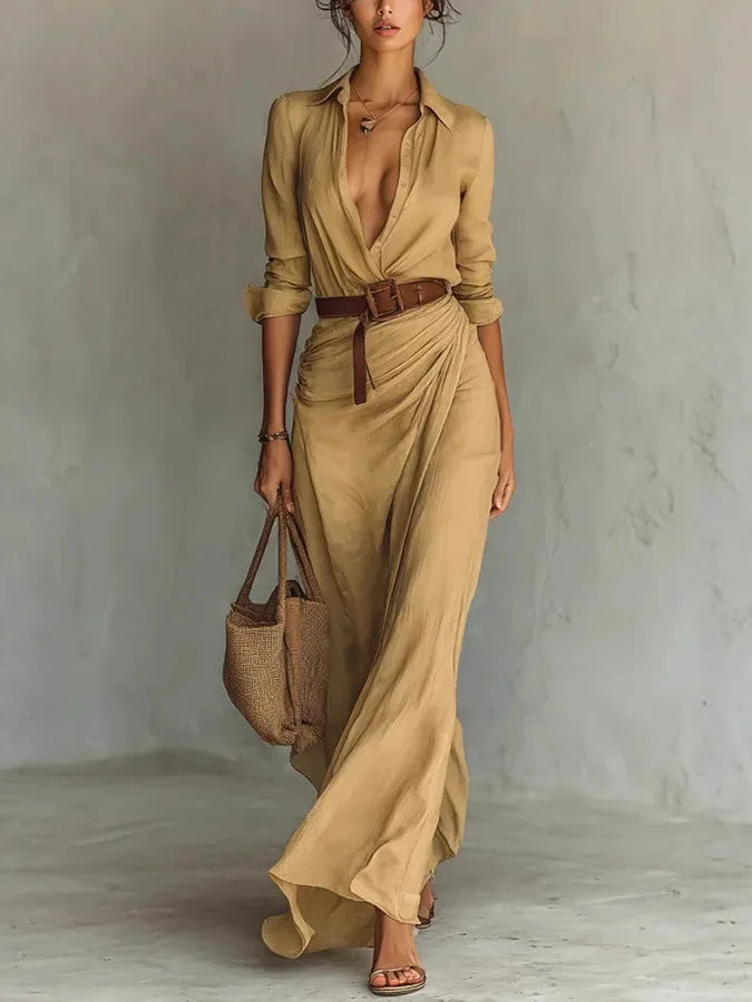 New Autumn Fashion Sexy Long Sleeve V-neck Single Breasted Pleated Solid Color Loose Fit Ankle Length Dress With Belt,4 Colors