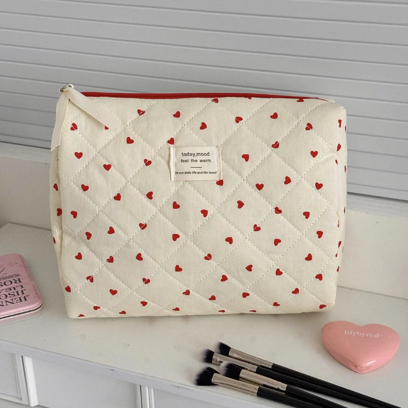 Women's Zipper Cosmetic Bag Organizer Flower Quilting Cotton Makeup Bag Female Cloth Handbag Portable Toiletry Case Girls Travel