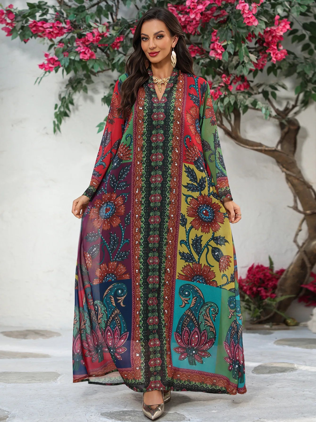 Polyester Abaya Dress Diamond Print — Multicolor | KIMLUD