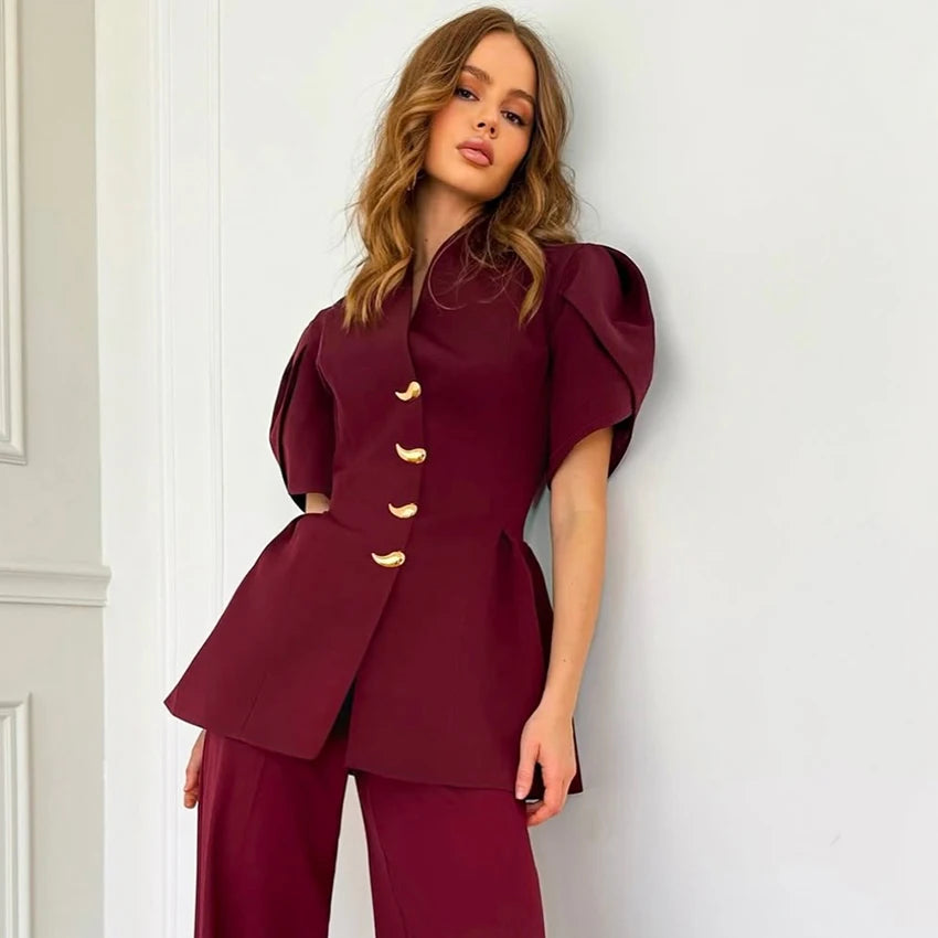Linad Elegant Wine Red Puff Sleeve Woman Blouse 2026 Vintage Single Breasted Tops Spring Street Chic Black V Neck Ladies Tops
