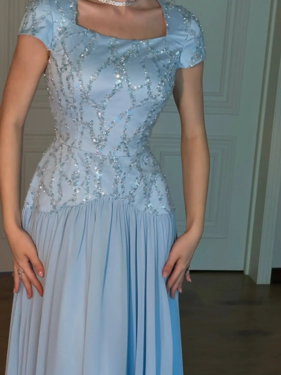 Evening Dress – Square Neck Sequin – Chiffon Maxi Gown | KIMLUD