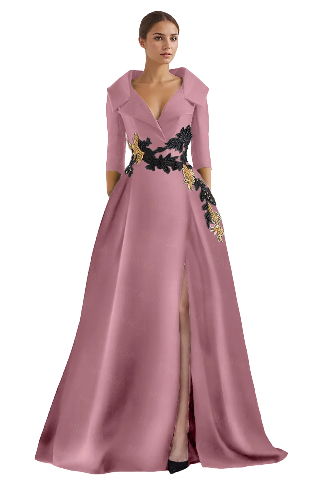 KIMLUD, Classic Satin Evening Dresses For Women Wedding Party Guest V-neck Three Quarter A-line Side Slit Elegant Prom vestidos de gala, KIMLUD Womens Clothes