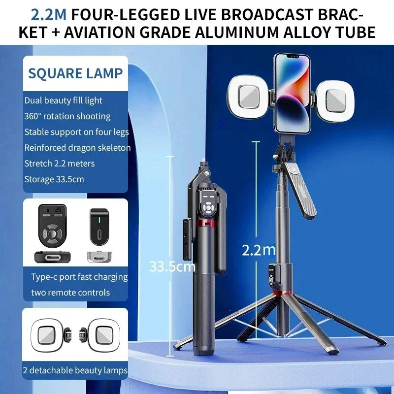 P325 Dual Remote Selfie Stick 2.2M Extended Mobile Phone Quadpod Wireless Bluetooth Selfie Stick Handheld Stabilizer Bracket