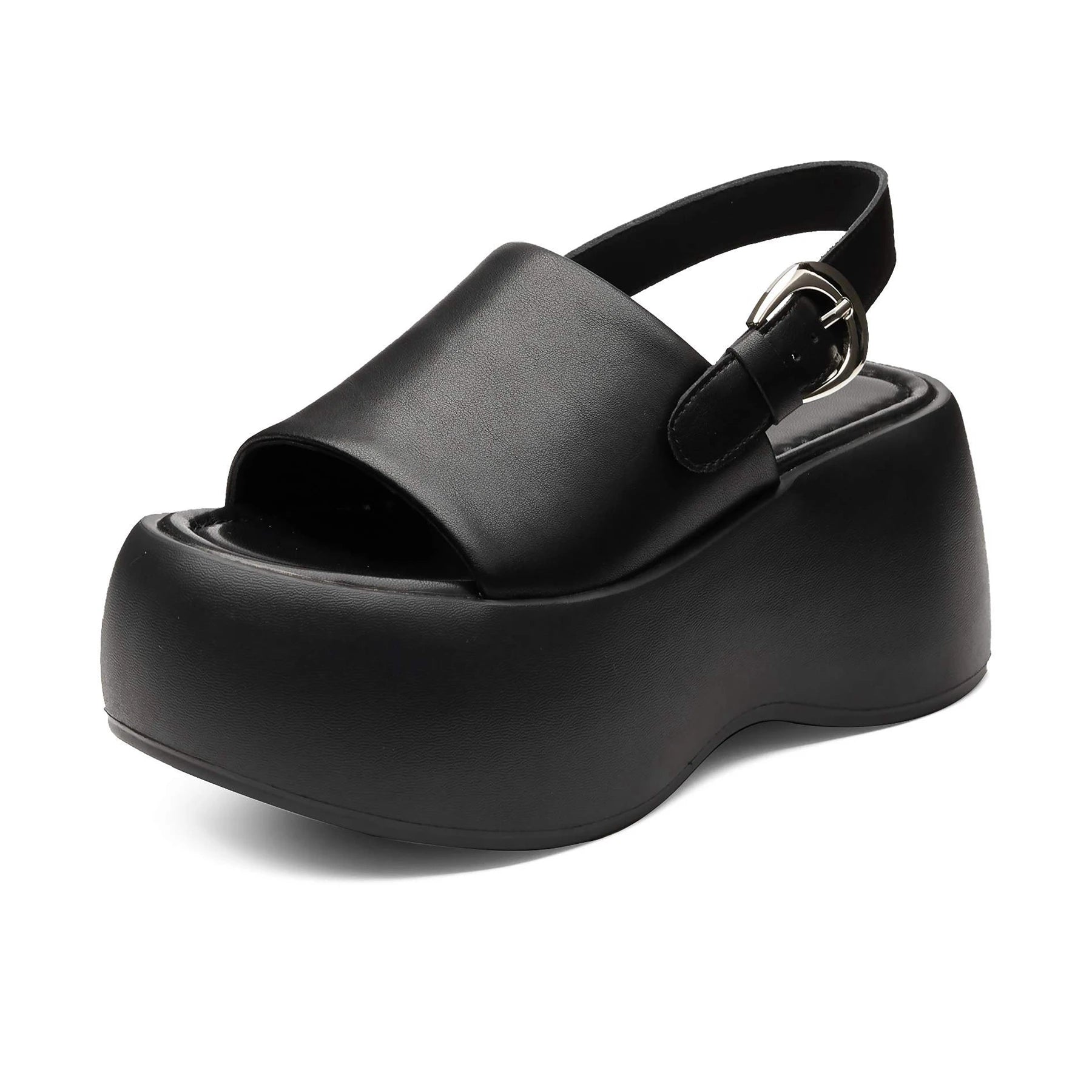 Genuine Leather Peep Toe Slingback Heels — Black | KIMLUD