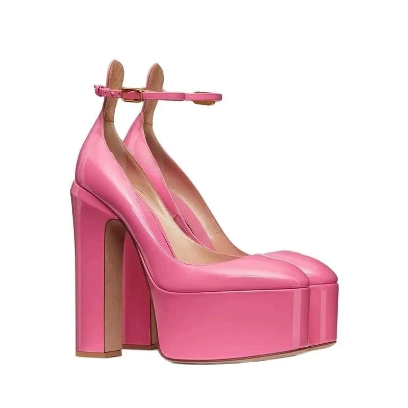 Patent Leather Platform Sandals Round Toe Ankle Buckle — Black | KIMLUD